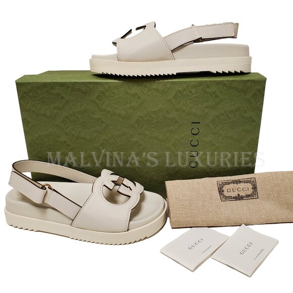 GUCCI SHOES INTERLOCKING G LOGO WHITE LEATHER SLINGBACK SANDALS sz 37.5 7.5 - Picture 2 of 16